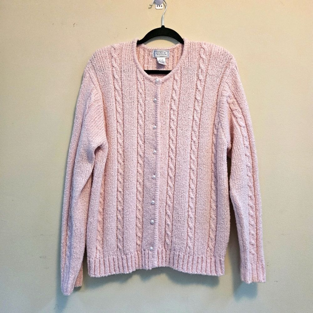 Vintage Jennifer Moore Cardigan Crew Neck Wom Sz XL Pink Cable Knit Pearl Button